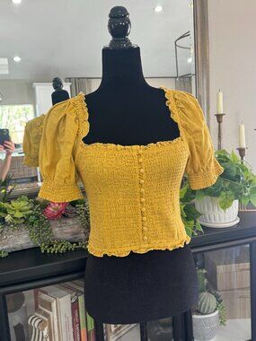 Abound Gold Button-down Smocked Top w/Puffy Short Sleeves - Size S